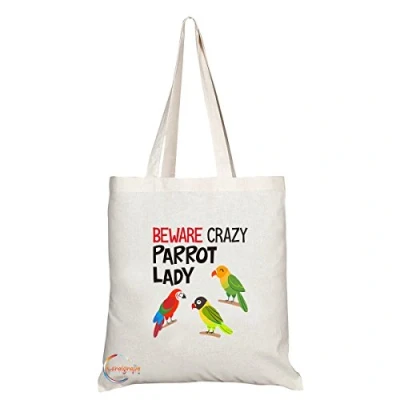 Image of Coralgraph Inc TB236 Beware Crazy Parrot Lady Novelty Present Gift Printed Eco Friendly Stylish Long Handled Tote Shoulder Bag