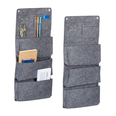 Image of Relaxdays 2X Hanging Organiser, 4 Pockets, 2 Hooks, Wall Storage for Hallway, Office, Bathroom, HxW: 65x30cm, Felt, Grey