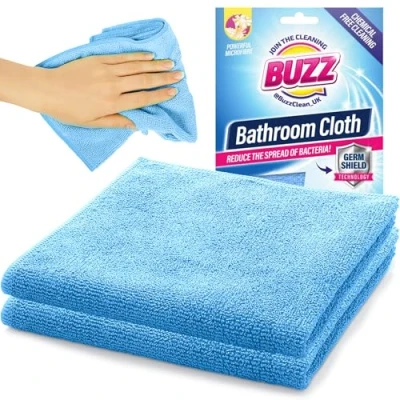 Image of 2pk Buzz Bathroom Cleaning Cloths with Germ Shield, Streak Free Microfibre Cloth, Great for Bath, Sink, Shower Cloth No Water Marks,