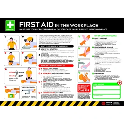 Image of First Aid In The Workplace Safety Poster, Easy To Read Information Guide, Made From Anti Scuff Laminate PVC, Ideal For Workplaces, W594mm x H420mm