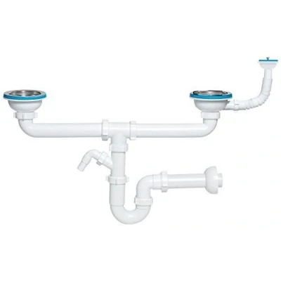 Image of Double Kitchen Sink Drain Waste P Trap 115mm with Extra Overflow/Basket
