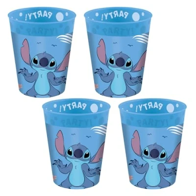 Image of Procos Stitch and Angel Plastic Cups 4 Pack Reusable Party Tableware for Birthday or Theme