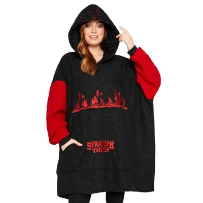 Image of Stranger Things Blanket Hoodie for Adults and Teenagers Cosy Oversized Fleece One Size Sherpa Hood Gifts Her (Black)