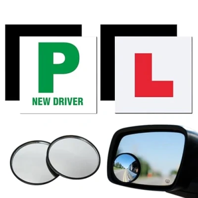Image of Tek Automotive 6 Pack Magnetic L Plates &amp; P for Car Fully Weatherproof Learner Plates, Blind Spot Mirrors Cars, Stick On Round Mirror Universal Fit, Essentials New Drivers
