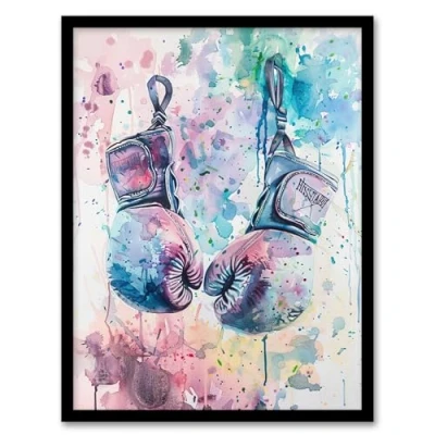 Image of Artery8 Boxing Gloves Pastel Watercolour Splash Painting Living Room Artwork Framed Wall Art Print 18X24 Inch