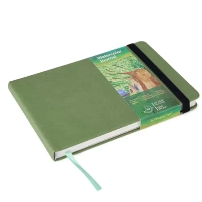 Image of tumuarta Watercolor Journal, 14X21 CM, 300 GSM, 25% Cotton Paper, Cold Press, 24 Sheets, 48 Pages, Paper Sketch Books for Use As Travel Mixed Media Pad On The Go (Green, 14 X 21 CM)