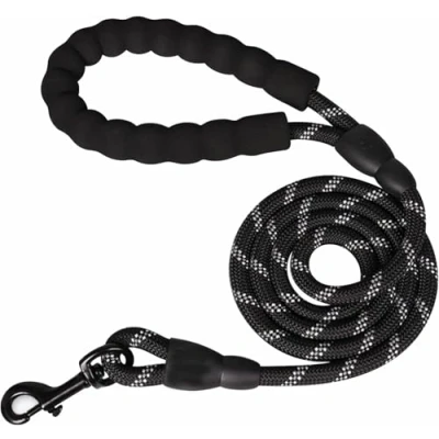 Image of 5FT Rope Dog Lead, Soft Padded Anti Slip Handle, Strong Nylon Leash With Highly Reflective Threads For Small, Medium And Large Dogs (Black, Small)