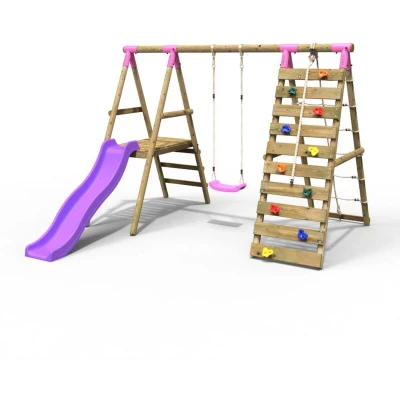 Image of Rebo® Wooden Swing Set with Deck and Slide Plus Up Over Climbing Wall Amber Pink OutdoorToys Sturdy Construction, Pressure Treated Timber