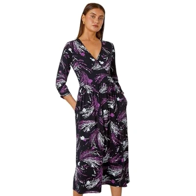 Image of Roman Originals Stretchy Dress for Women UK Ladies Pockets Gathered Waist Ruched Chest Midi Holiday Spring Summer V Neckline Evening Vacation Work Party Going Out Soft Black Purple Size 10