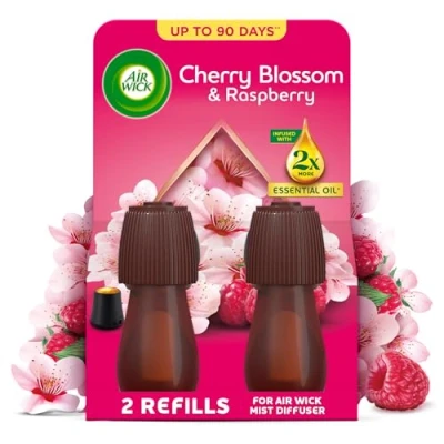 Image of Air Wick Cherry Blossom &amp; Raspberry Essential Mist Twin Refill 20ml, Lasting for up to 45 days per refill, Freshener