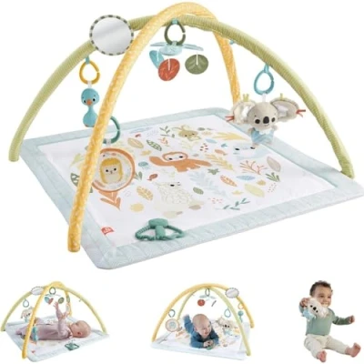Image of Fisher Price Baby Playmat Simply Senses Newborn Gym with Mobile &amp; Sensory Activity Toys for Developmental Play Ages 0+ Months, HRB15