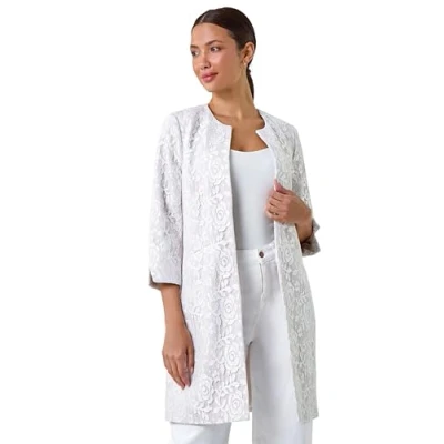 Image of Roman Originals Lace Longline Jacket for Women UK Ladies Reefer Coat Lined Tailored Lightweight Long Autumn Winter Smart Casual Office Work Business Evening Going Out Ivory Size 12