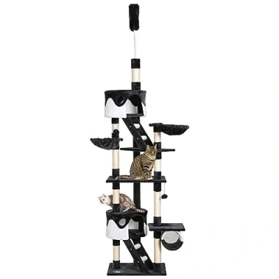 Image of PawHut Floor to Ceiling Cat Tree, 240 260cm Adjustable Height Tower with Scratching Posts, Houses, Ramps, Hammocks, Toy Balls, Tunnel for Indoor Cats Black