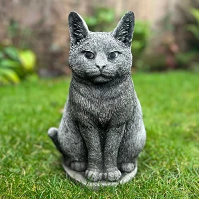 Image of SITTING CAT KITTEN HAND CAST STONE OUTDOOR GARDEN ORNAMENT STATUE SCULPTURE PET MEMORIAL FIGURINE
