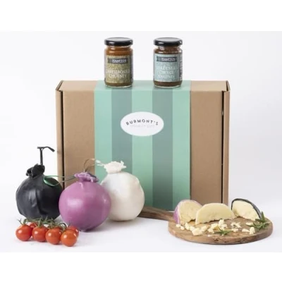 Image of Shorrocks Lancashire Cheese Bomb &amp; Chutney Gift Hamper Three x 230g Bombs Traditional, Red Onion, Vintage Gold Snowdonia Chutneys Exclusive to Burmont&#039;s