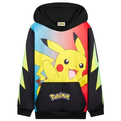 Image of Pokemon Boys Hoodie with Cuffed Sleeves, Kangaroo Pocket Anime Gifts (Black/Multi Pikachu, 11 12 Years)