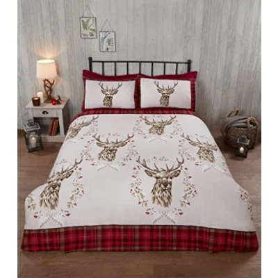 Image of Rapport Home 100% Brushed Cotton Flannelette ANGUS STAG Winter Duvet Quilt Cover Bedding Set (Single, Red)