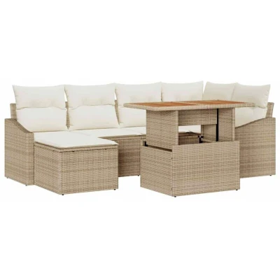 Image of vidaXL 7 Piece Garden Dining Set with Cushions Beige Poly Rattan Acacia