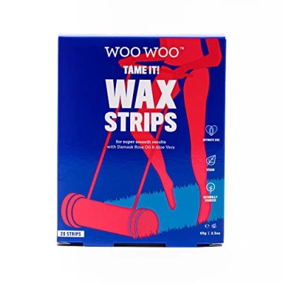 Image of WooWoo Tame It! Wax Strips Pack of 20 Plus 2 Sachets Cooling &amp; Soothing Aloe Vera Cream Intimate Bikini Line Hair Removal Waxing Kit For Women Men