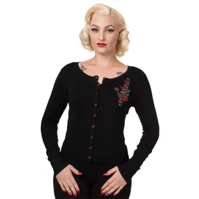 Image of Banned Anchor Retro Vintage Rockabilly 50&#039;s Top Cardigan Black (L UK 14)
