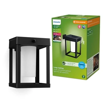 Image of PHILIPS Lighting Camill UltraEfficient Outdoor Solar Wall Light, Square, 1.4W, 3000K, Black, Frosted, Motion Sensor, IP44 Weatherproof