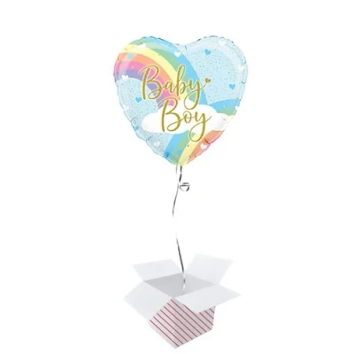 Image of Baby Boy Pastel Rainbow Heart Shape Holographic Foil Helium Balloon Inflated in a Box