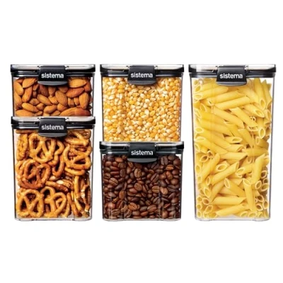Image of Sistema Ultra Square Tritan Airtight Pantry Storage Containers Assorted Capacity Food Solution Stackable Locking Clips BPA Free Clear with Black Accents 5 Count