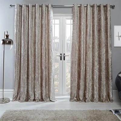 Image of Sienna Crushed Velvet Eyelet Ring Top Pair of Fully Lined Curtains Natural Beige 66&quot; x 90&quot;