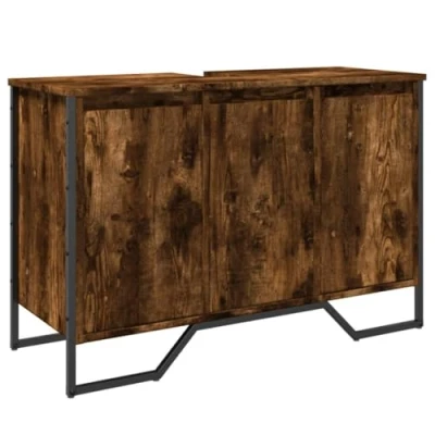Image of vidaXL Bathroom Sink Cabinet Storage Vanity Unit Smoked Oak Engineered Wood, 91 x 35 60 cm, Ample Storage, Wall Attachment Included, Moisture Resistant, Assembly Required