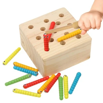 Image of Boxiki Kids Wooden Toys for Toddlers&#039; Preschool Learning, Fine Motor Skills Montessori 3 Year Old Boys &amp; Girls, Magnetic Worm Catching Games Ages