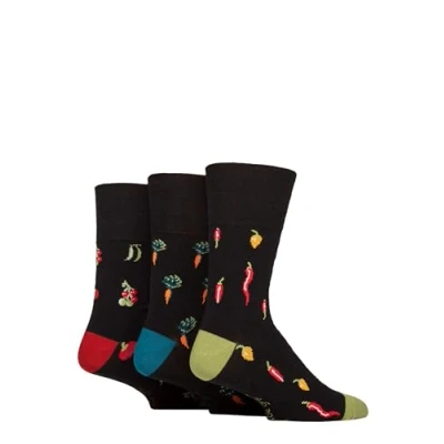 Image of Mens 3 Pair Gentle Grip RHS Royal Horticultural Society Patterned Cotton Socks Vegetables 6 11