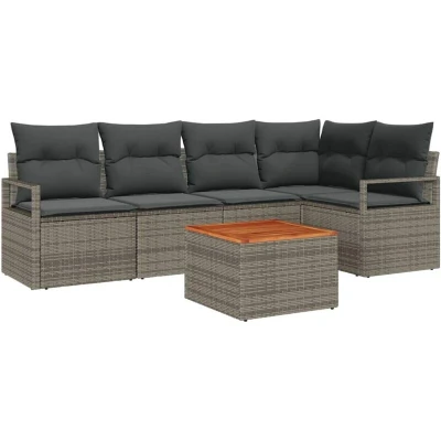 Image of vidaXL 6 Piece Garden Sofa Set with Cushions Grey Poly Rattan Acacia