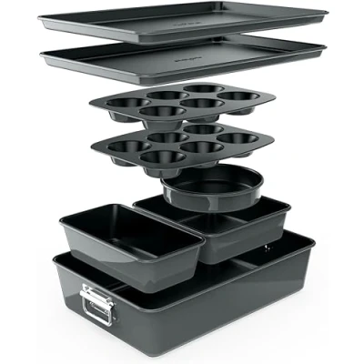 Image of NutriChef Baking Tray Set, Stackable Bakeware Trays, Smart Space Stacking 8 Pcs Non Stick Oven Safe Sets w/ Cookie, Loaf Pan, Pizza Muffin Tins, Cake Tin, Round/Square Pans