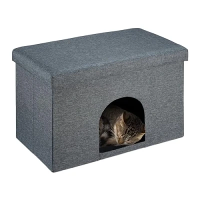 Image of Relaxdays Cat Cave with Seat Pad, Foldable Stool, Ottoman, Cosy Hiding Place for Pet, HxWxD: 38.5 x 64.5 37.5 cm, Grey, Fibreboard, Polyester, Foam, cm