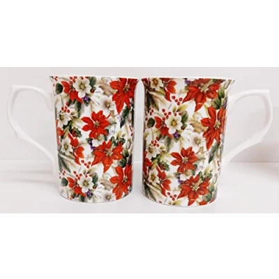 Image of Rainbow Decors Poinsettia Mugs Set of 2 Fine Bone China Red Christmas Flower 300 ml Cups Hand Decorated UK