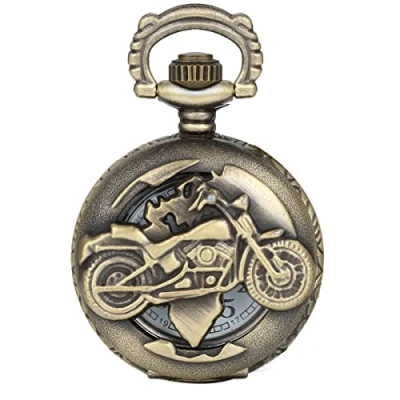 Image of JewelryWe Cool Biker Motorbike Novelty Quartz Round Pocket Watch Necklace Pendant Alloy Copper Coloured for Man and Woman with Gift Bag