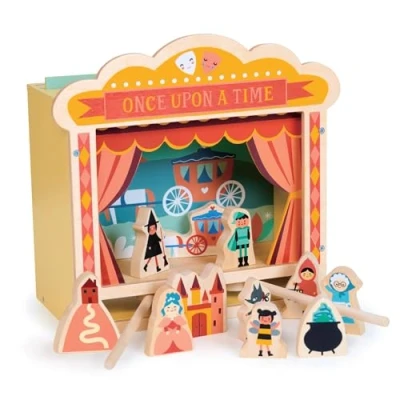 Image of Mentari Wooden Tabletop Puppet Theatre Fairytale Stand with Magnetic Puppets and Props! 4 Different Backdrops Sticks Bring Any Scene to Life