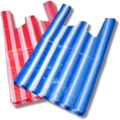 Image of AMD Nexus Candy Stripe Plastic Vest Carrier Shopping Bags (Red (Pack of 100), Medium 10&quot; X 15&quot; 18&quot;)