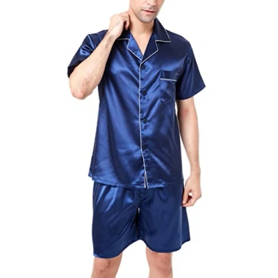 Image of Men&#039;s Short Sleeve Satin Pyjama Set with Shorts (Navy Blue White Piping,XX Large)