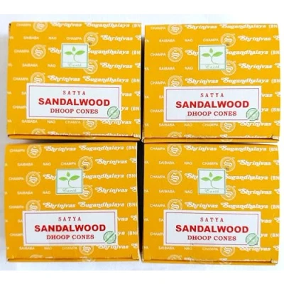 Image of Satya Nag Champa Incense Cones, Sandalwood Scent, 4 Packs of 12 Cones in each pack (4, Sandalwood)