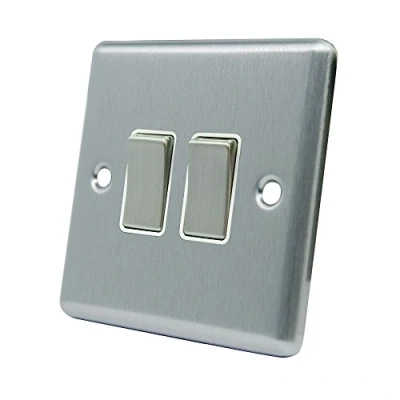Image of AET CSC2GSWIWS Satin Chrome Classical White Insert Metal Rocker Switches 10 Amp Double 2 Gang Way Light Switch, 240 V