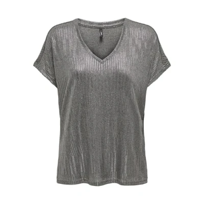 Image of ONLY Women&#039;s Onlmirinda S/S V Neck top JRS, Dark Grey Melange/Detail: Gun Metallic, S