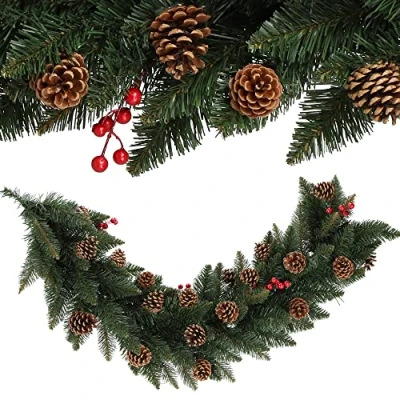 Image of KADAX Christmas Garland 115 cm, Artificial with Pine Cones and Red Berries for Dinning Table, Decorative Tinsel Indoor Outdoor Use
