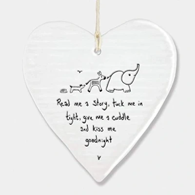 Image of East of India Wobbly White Porcelain Heart Read me a Story Baby Saying 10x9cm