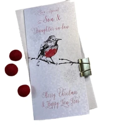 Image of WHITE COTTON CARDS SON &amp; DAUGHTER IN LAW CHRISTMAS MONEY WALLET ROBIN (WBW55)