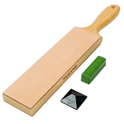Image of SHARPAL 205H Leather Strop (Genuine Cowhide) 33 x 6cm Kit with 2 Oz. Polishing Compound &amp; Angle Guide, Knife Stropping Block for Sharpening Honing Knives, Straight Razor, Woodcarving Chisels