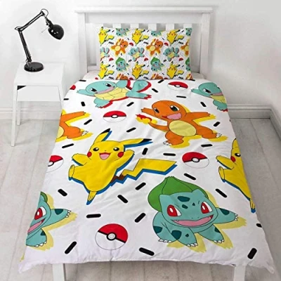 Image of Pokemon Single Duvet Cover Reversible Two Sided Memphis Fun Bedding Featuring Pikachu, Squirtle &amp; Charmander with Matching Pillow Case, Multi Coloured, 200 x 135cm