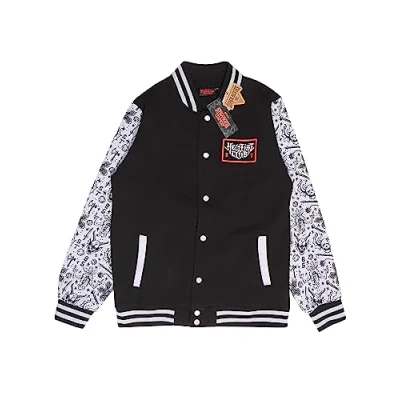 Image of Heroes Inc Varsity Jacket for Men Hellfire Club Bomber Black Official Stranger Things Merch Large
