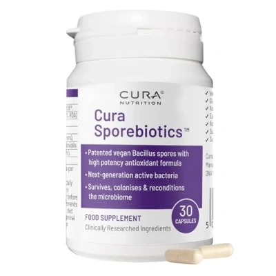 Image of CURA Nutrition Sporebiotics (30 Capsules) Bacillus Spore Probiotic Supplements with Carotenoid Antioxidants, Probiotics, Gut Health Supplement, Vegan, Vegetarian, Paleo &amp; Keto Friendly