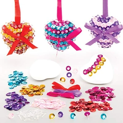 Image of Baker Ross AT367 Heart Sequin Decoration Kits Pack of 3, Festive Tree Ornaments for Kids to Decorate in Arts and Crafts Activities
